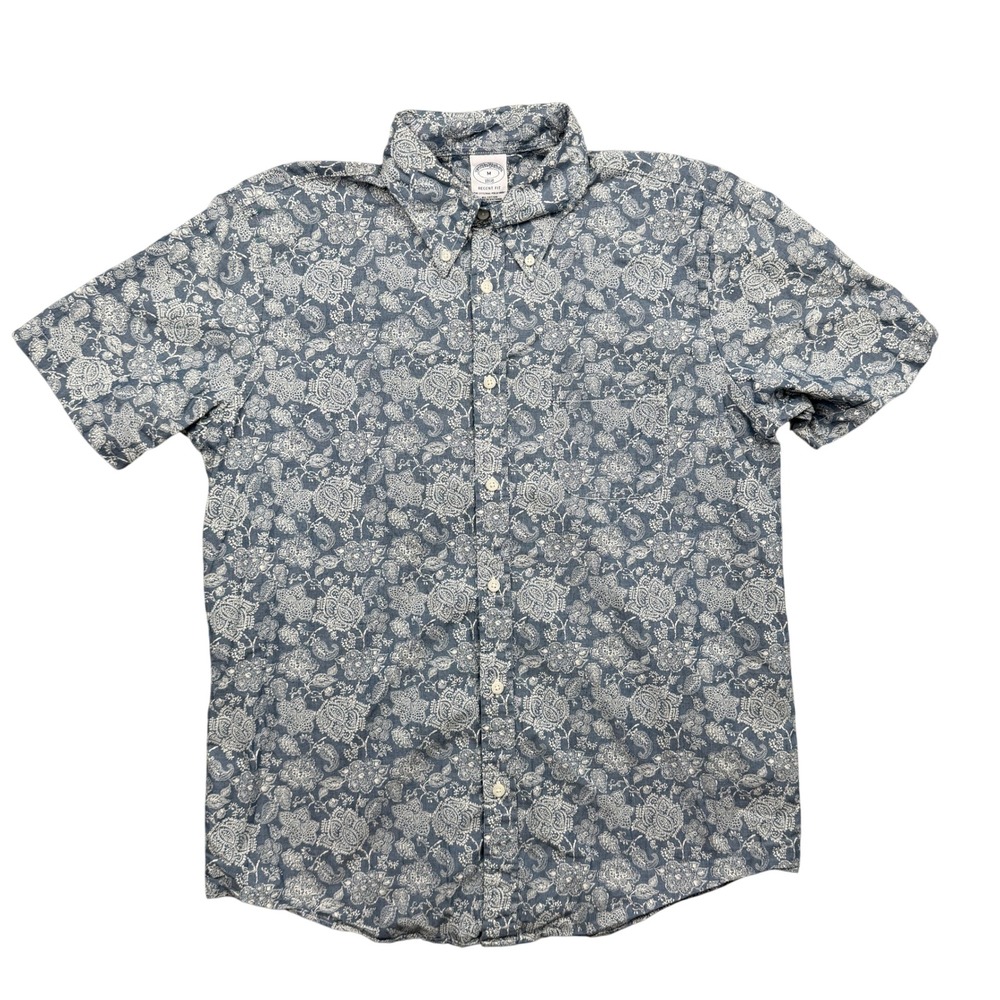 Brooks Brothers Button Down Shirt Mens M Blue Floral Paisley Regent Short Sleeve